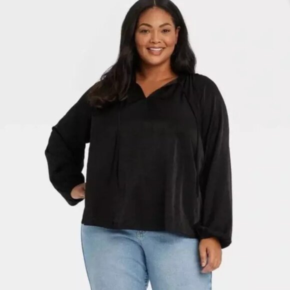 "NWT" Ava &‎ Viv Womens 1X Black Balloon Sleeve V-Neck Blouse - Picture 1 of 11